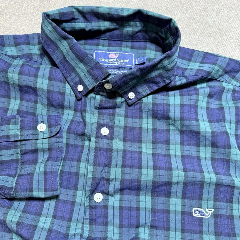 Vineyard Vines Large Tall LT Shirt Mens Classic Fit Tucker Green Blue Plaid
